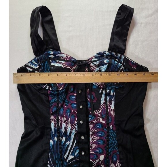 Black Paisley Corset Top Sleeveless Rhinestone Button Detail Sweetheart Neck - Picture 4 of 5